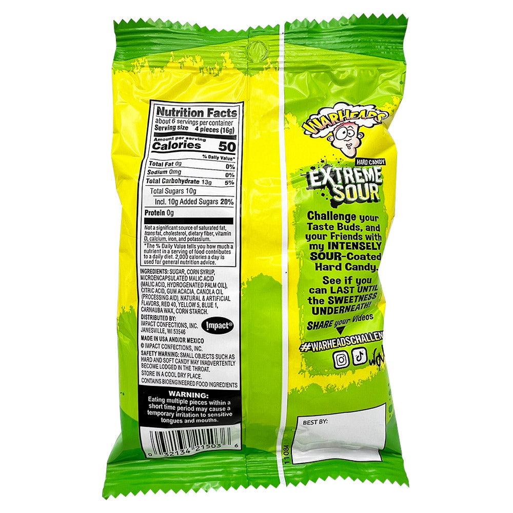 WARHEADS - EXTREME/MEGA SOUR HARD CANDY PEG BAG 3.25oz