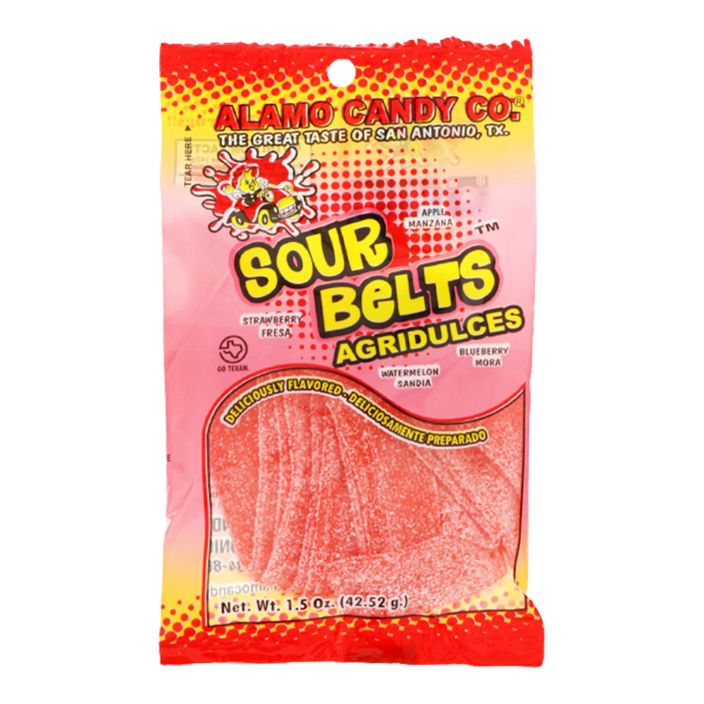 ALAMO CANDY SOUR BELTS PEG BAG - STRAWBERRY 1.5oz